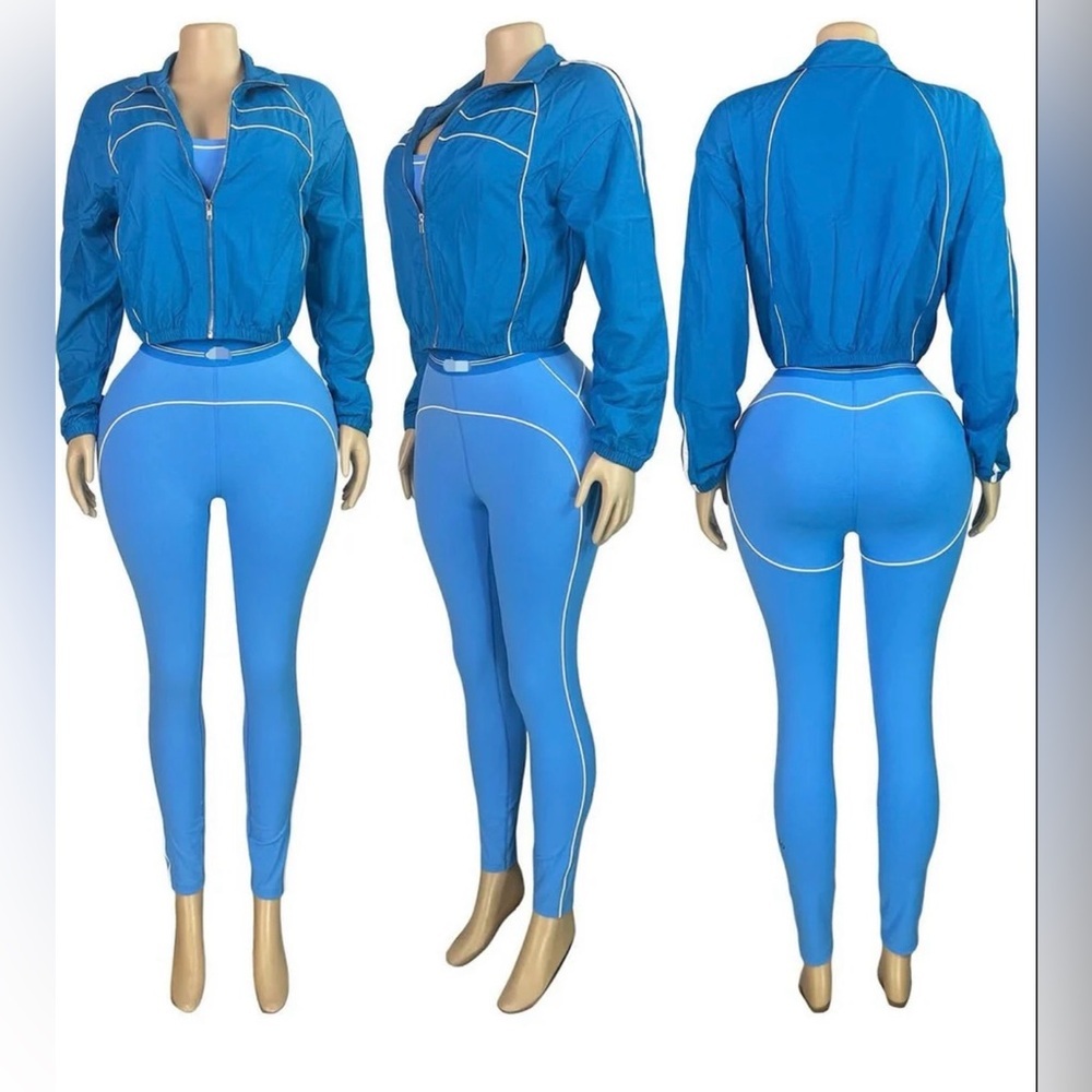 3-Piece Athletic Set – Cropped Zip Jacket, Sports Bra & High-Waisted Leggings